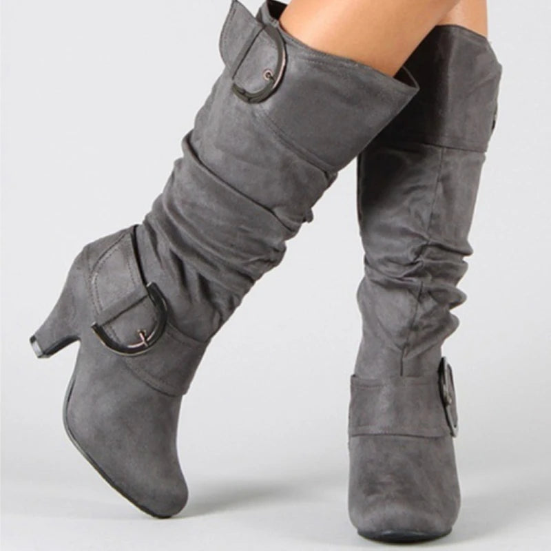 Bottes Cavalier Femme Velours Givré – Talon Aiguille Boucle Printemps Automne