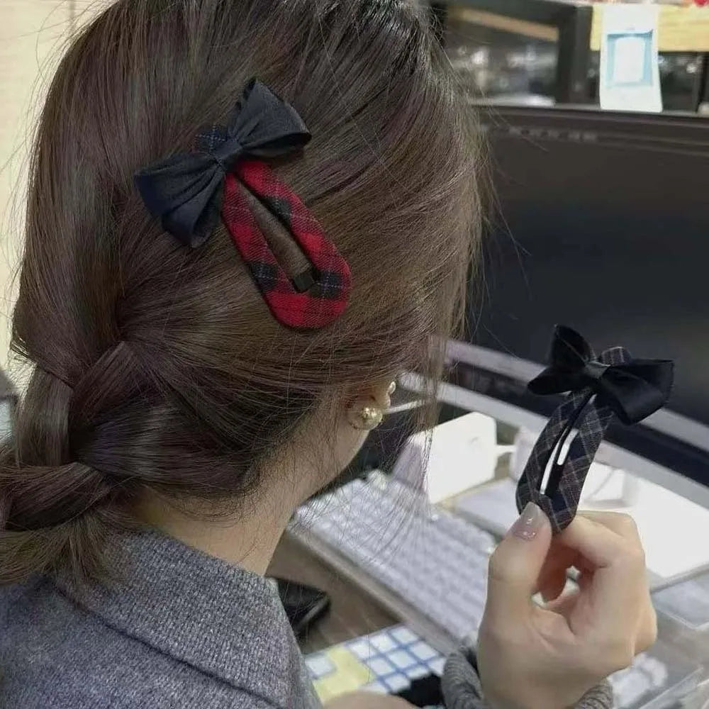 Headwear Polyester Bownot Hair Clip Alloy High-end Plaid Bow Hairpin Elegant Solid Color Korean Barrettes Girls