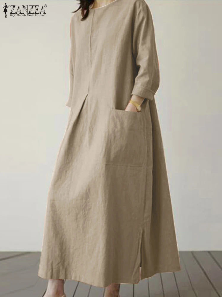 2024 ZANZEA Fashion Summer Vintage Women Solid 3/4 Sleeve Sundress Baggy Loose Casual Dress Oversize Vestidos Kaftan Robe Femme