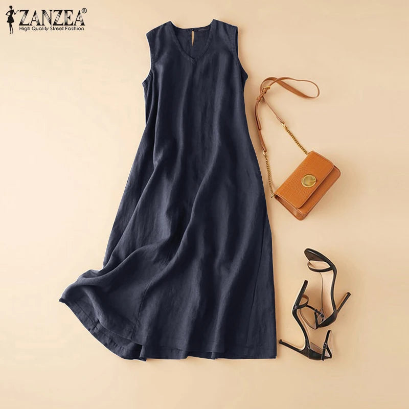 ZANZEA Plus Size Cotton Sleeveless Dresses 2025 Summer Womens Casual V Neck Solid Sundress Loose Vestidos Vintage Robes Femme