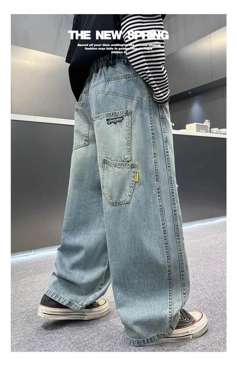 Distressed Designer Kids Desroyed Ripped Jeans Trousers with Holes On Knee for Boys Casual Broken Denim Pants 5 6 8 9 10 12 14 Y
