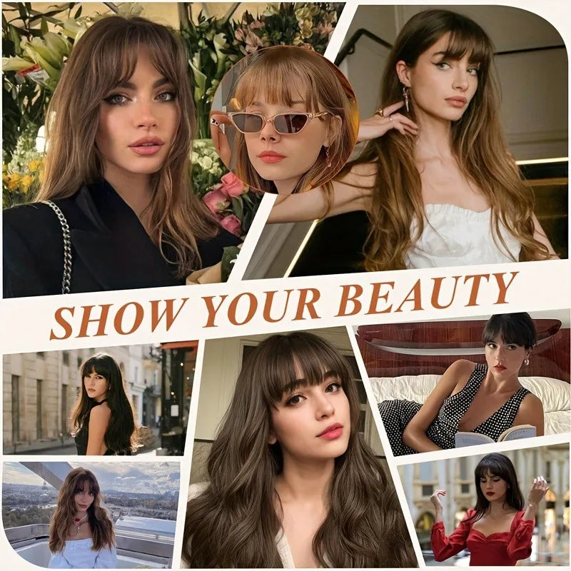 Synthetic Hair Clip-In Bangs Cut Wispy Fringe with Sideburns Dark Brown Natural Look for Women Daily Party Wear