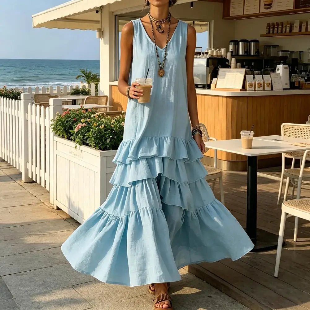 Plus Size Summer Dress Spring Solid Color Women's Loose V-neck Large Skirt Sleeveless Ruffle Edge Travel Dresses Sundress