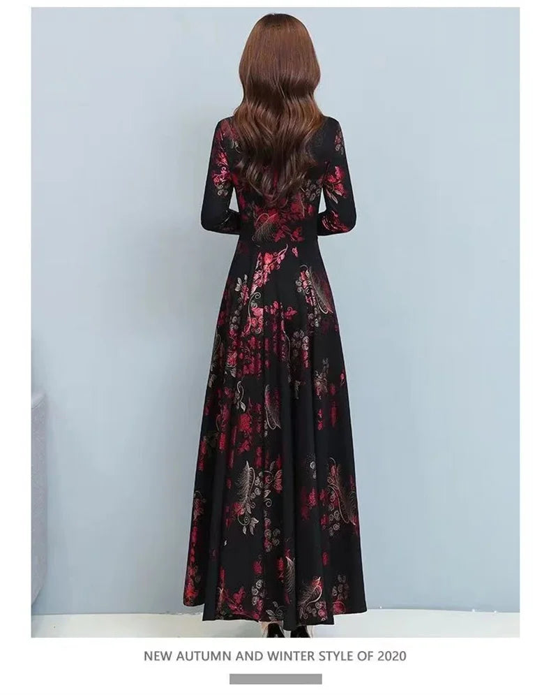 Spring Autumn New Women Dress Elegant Temperament Long A-Line Dress High End Fashion Lace Printed Beading Dresses Vestidos Mujer