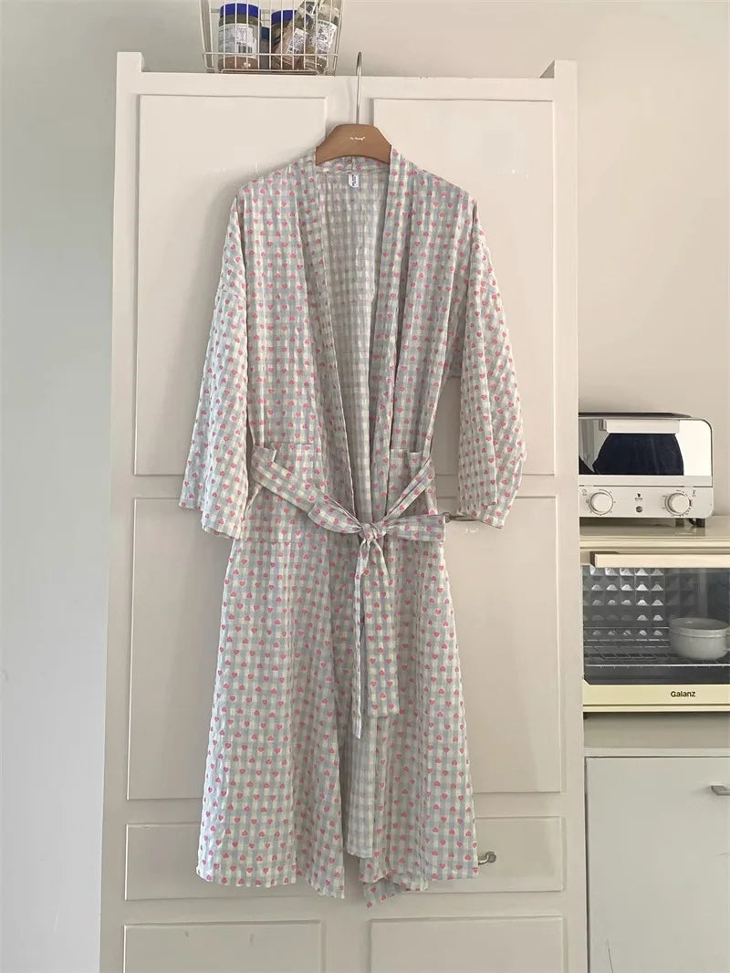 Women's Robe Bathrobe Bathing Love Plaid Loose Long Sleeve Long Kimono Pajamas V-neck Lace Up Trousers Nightgow Sexy Ladies Girl