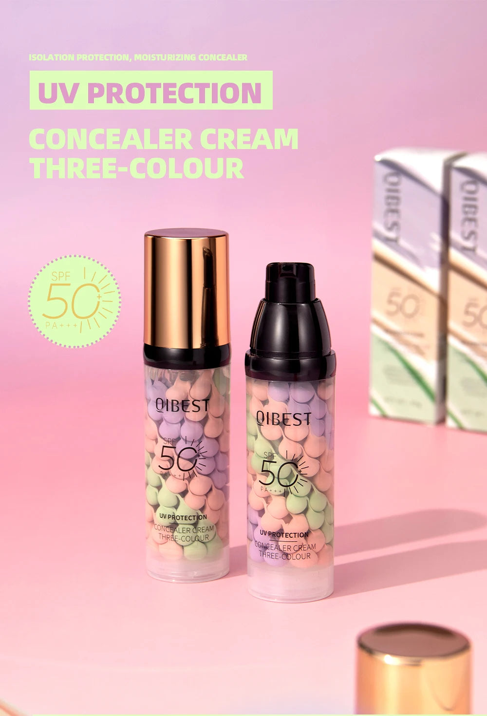 QIBEST Face Makeup Primer Tri-color Cream Brighten Contour Color Isolation Waterproof Foundation Natural Makeup Base Cream