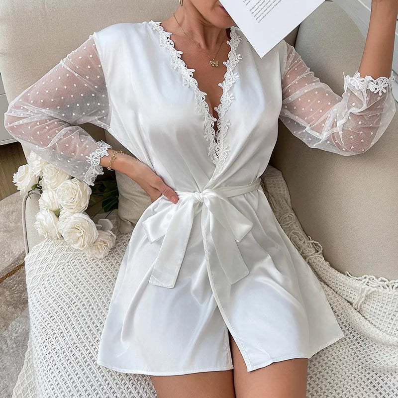Sexy Fashion Women's White Polka Dot Robe  V-Neck Lace Trim Belted Mesh Sleeves Nightgown Lazy Style Loungewear for Home