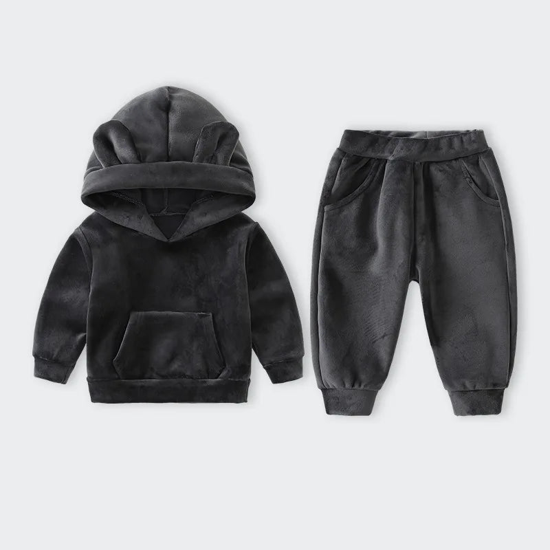 Boys Girls Velvet Warm Long Sleeve Hooded Outfit Set Children Clothing Casual Tracksuit Outdoor Wear Autumn Winter Kids Clothes