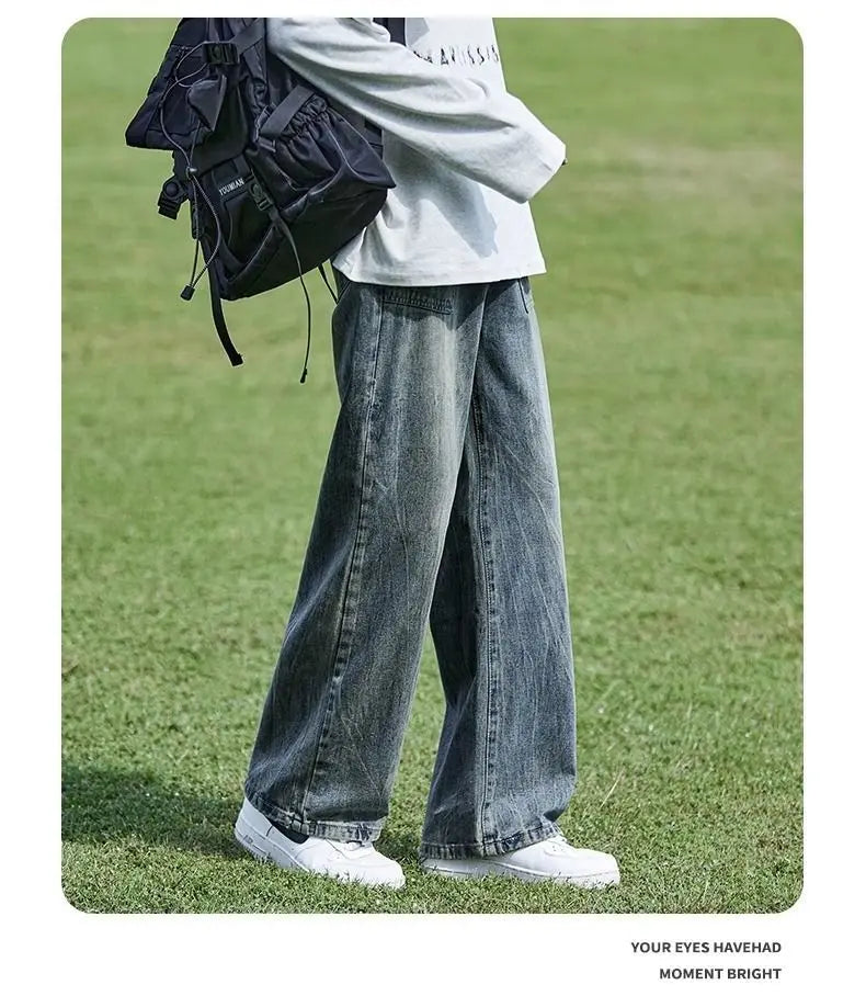 Retro Washed Cracked Jeans Men's Trendy Brand Ruffian Handsome High Street Pants Loose Straight Trousers Baggy Jeans for Man