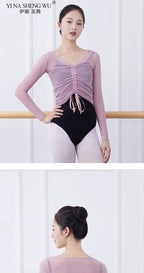 Ballet Adult Gymnastics Dance Top Long Sleeve Mesh Tops Women Transparent V Neck Drawstring Dancewear Practice Tops Costumes