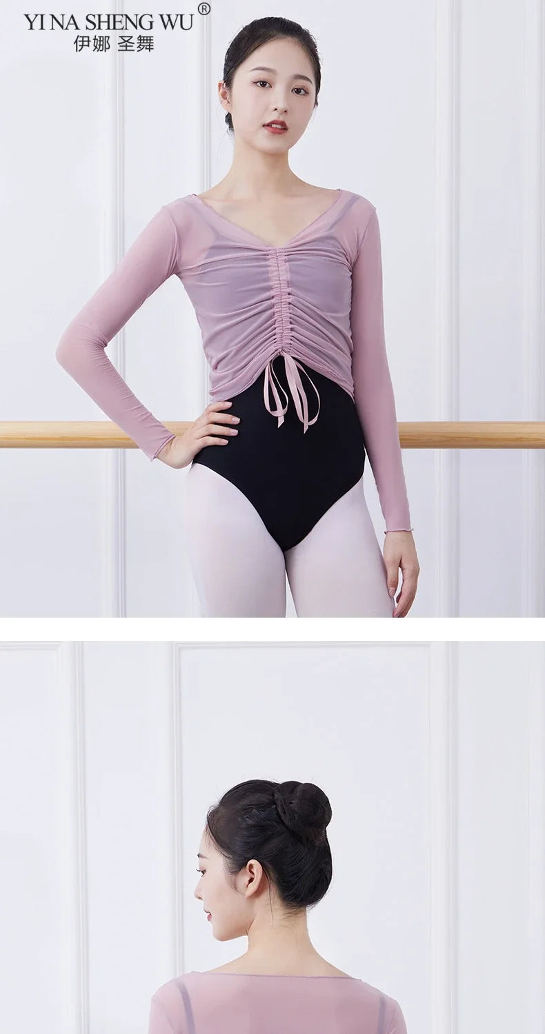 Ballet Adult Gymnastics Dance Top Long Sleeve Mesh Tops Women Transparent V Neck Drawstring Dancewear Practice Tops Costumes