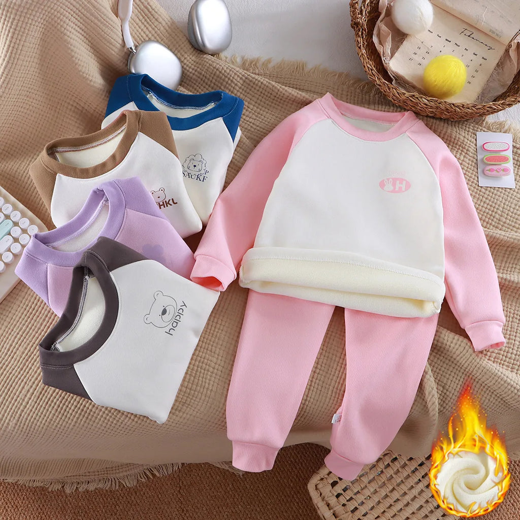 Autumn and winter Girl clothes plus velvet thickened children's underwear long sleeves long pajamas set baby boy Sets for childr