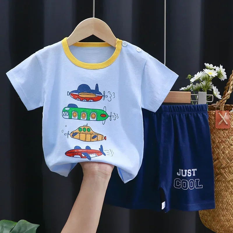 2-6 Years Baby Girl Summer Set Children's Short-sleeved Shorts Suit Cotton T-shirt Little Girls Unicorn Giraffe Cartoon Set
