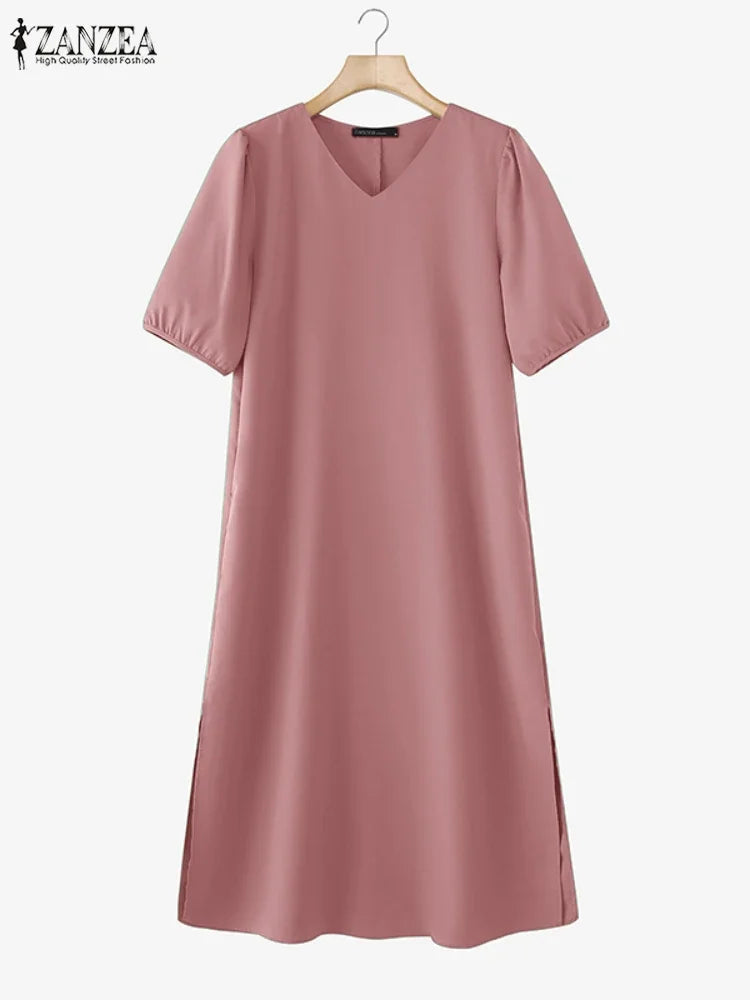 ZANZEA 2025 Fashion Summer Dress Women V Neck Short Sleeve Holiday Sundress Casual Loose Party Work Vestidos Kaftan Robe Femme