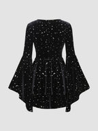 Women's Velvet V-neck Star & Moon  Bell Sleeve Dress