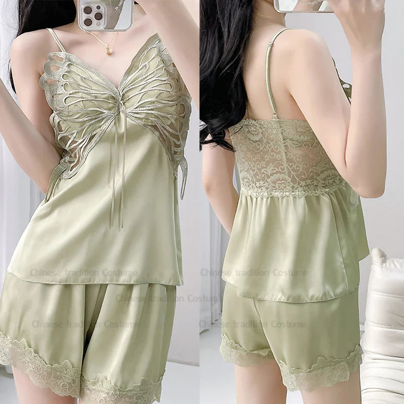 Pink Lingerie Sleeveless Top&shorts Women's Satin Sleepwear Sexy Butterfly Lace Nightwear 2Pcs Pajamas Suit Lady Summer New