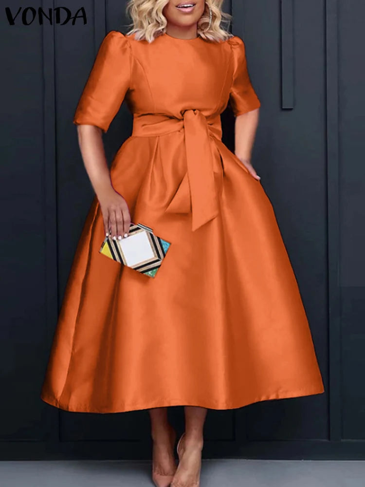 Plus Size Women Stain Dress 2024 Summer Sexy Puff Sleeve Evening Party Dress VONDA Beach Sundres Casual Loose Robe Vestidos