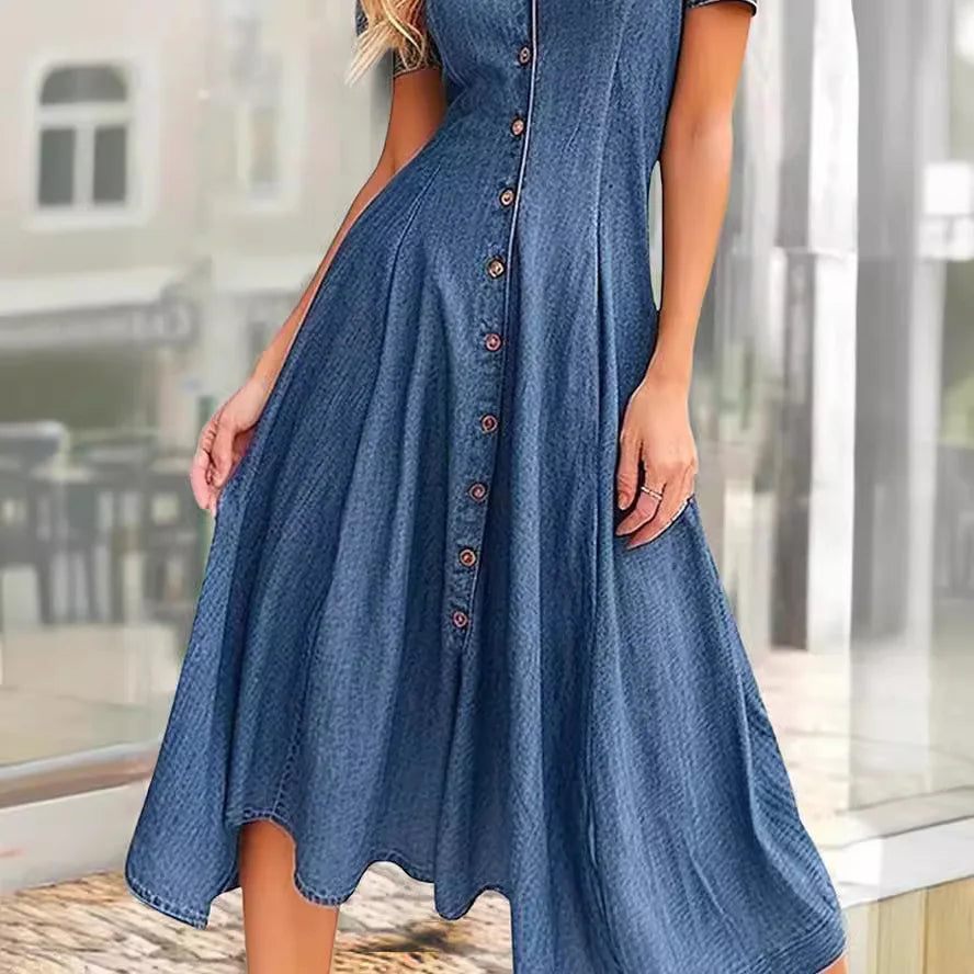 Denim Dress Women Washed Vintage Dresses V Neck Single Breasted Short Sleeve A Line Summer Streetwear Distressed Vestidos