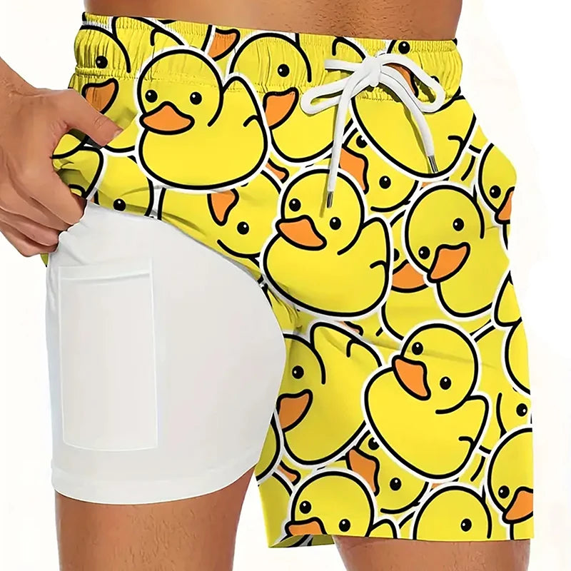 3D Print 2 in 1 Mens Swim Trunks Summer Quick Dry Beach Shorts with Phone Pocket Swimwear Swimsuit Bathing Suit  Board Shorts