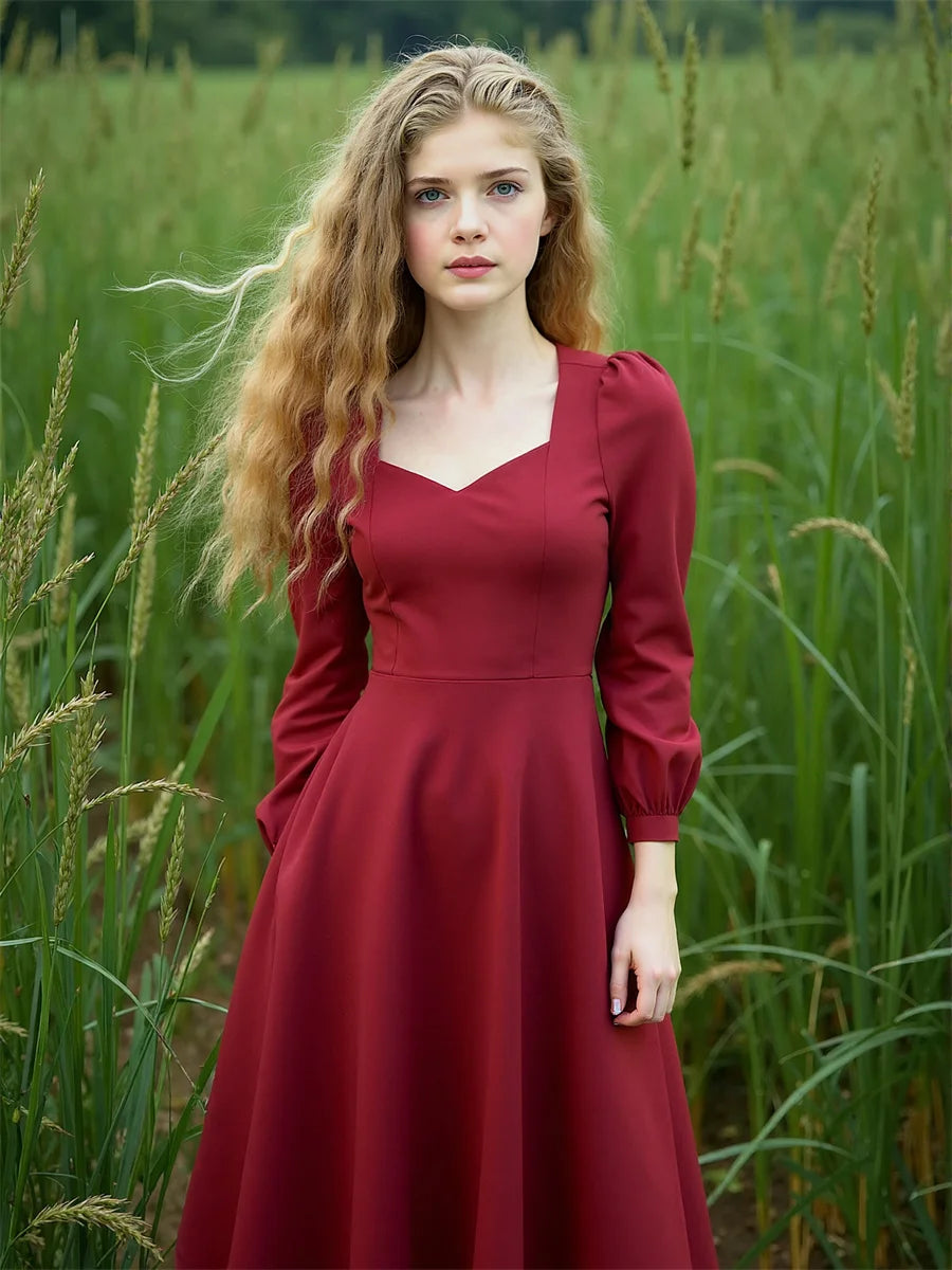 Women'S Dress Autumn Woman Long Sleeve Square Collar Elegant Beautiful Feminine Pretty Sweet Lovely Cute Fancy Exquisite Simple