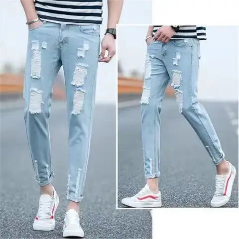 Men's Summer Thin Loose Straight Leg Jeans Casual Nine Point Ankle-Length Torn Elastic Cotton Denim Youth Fashion Wear