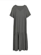 plus Size Women's Casual Loose V-Neck Solid Long Dress Spring Summer Pleated Big Size Women's Dress