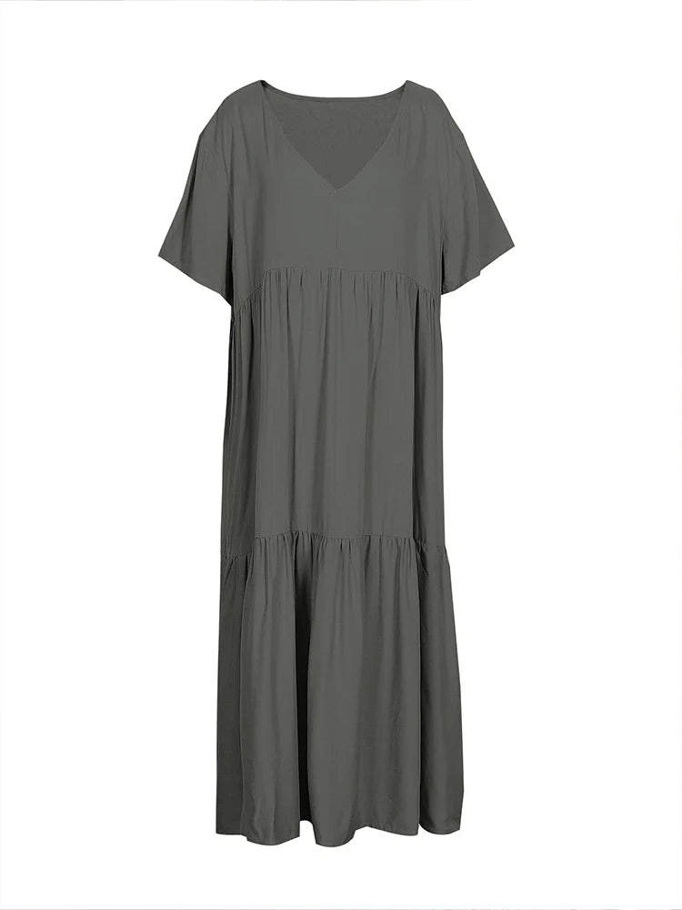plus Size Women's Casual Loose V-Neck Solid Long Dress Spring Summer Pleated Big Size Women's Dress