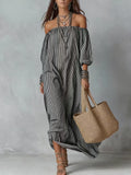 Casual Dresses New Spring Summer Elegant Striped Off-shoulder Loose Holiday Fashion Dress For Women Office Holiday Party Dress