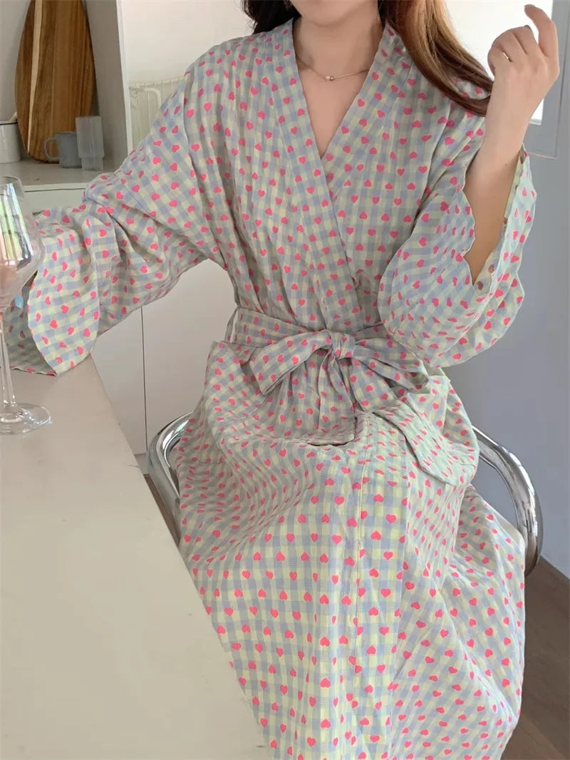Women's Robe Bathrobe Bathing Love Plaid Loose Long Sleeve Long Kimono Pajamas V-neck Lace Up Trousers Nightgow Sexy Ladies Girl