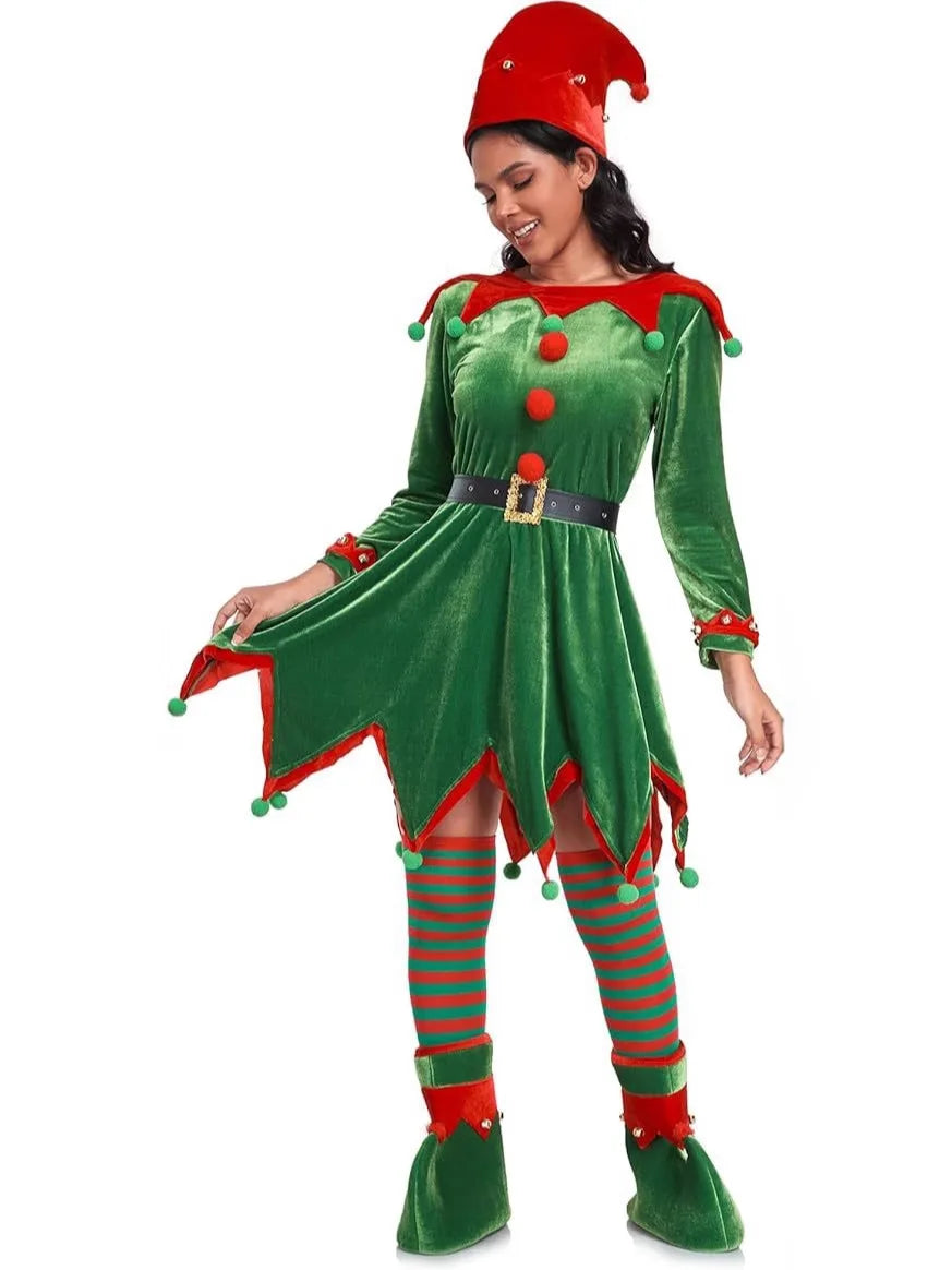 Women's Christmas elf costume set, adult velvet dress costume, Santa Claus helper, Christmas holiday