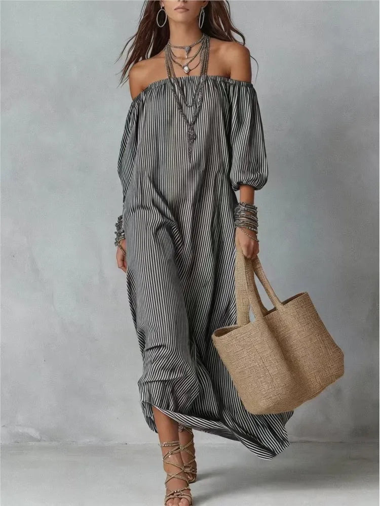Casual Dresses New Spring Summer Elegant Striped Off-shoulder Loose Holiday Fashion Dress For Women Office Holiday Party Dress