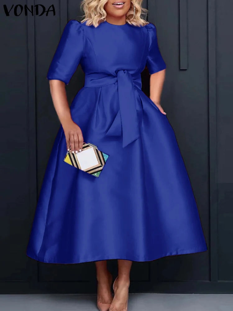 Plus Size Women Stain Dress 2024 Summer Sexy Puff Sleeve Evening Party Dress VONDA Beach Sundres Casual Loose Robe Vestidos