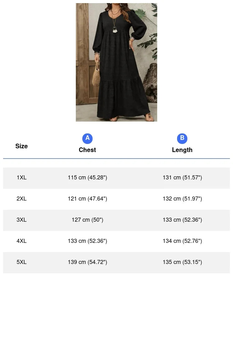 Plus Size Women Solid Textured Dress Stretchy V Neck Lantern Sleeve Loose Tiered Casual Maxi Dress