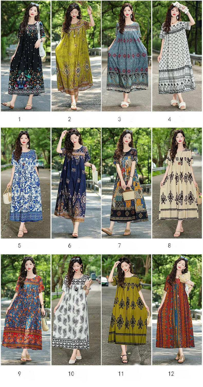 New Fashion Hot Summer Dresses For Women 2025 Casual Flower Print Floral Short Sleeve Dress Vintage Dress Loose Women Clothing