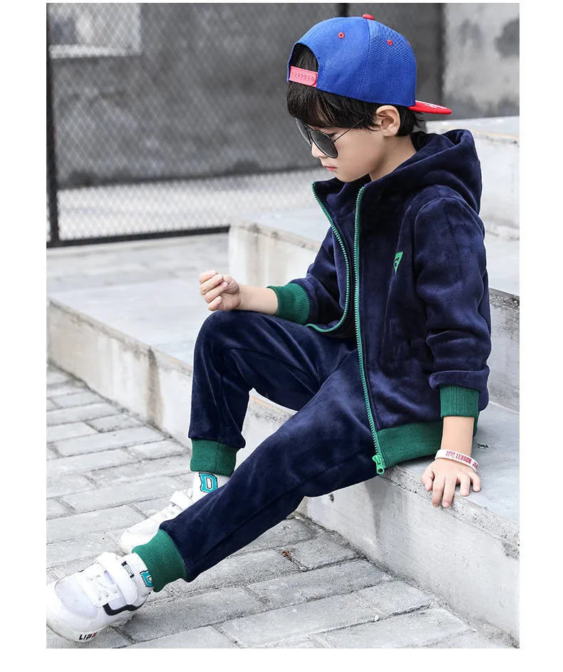 Boys Double-sided Velvet Sets Children Fashion Casual Hooded Suit Kids Autumn Winter Jackets+Pants 2Pcs Outfits Teenager Clothes