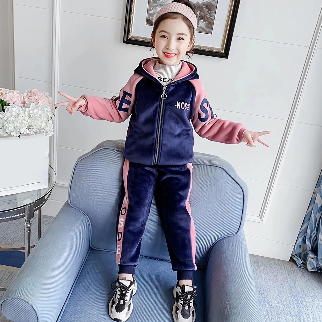 Kids Velvet Tracksuits,Cotton Jogging Suits,2-Piece Hooded Long Sleeve Sweatshirt + Pants Set,Girls Jacket,Casual Sports Wear