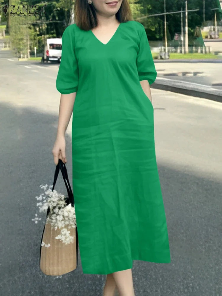 ZANZEA 2025 Fashion Summer Dress Women V Neck Short Sleeve Holiday Sundress Casual Loose Party Work Vestidos Kaftan Robe Femme
