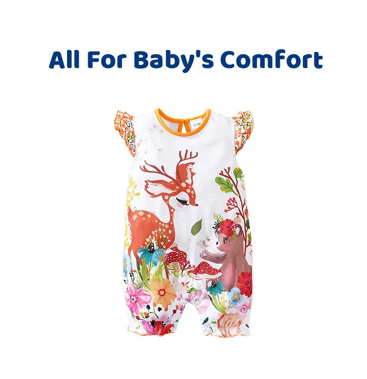 Newborn Clothing Cute Cartoon Elf Deer Print Comfortable And Soft Summer Boys And Girls 0-18 Flying Sleeve Baby Jumpsuit