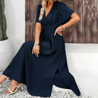 Women Ruffle Solid Pleated Long Dress Chic V Neck Short Sleeved