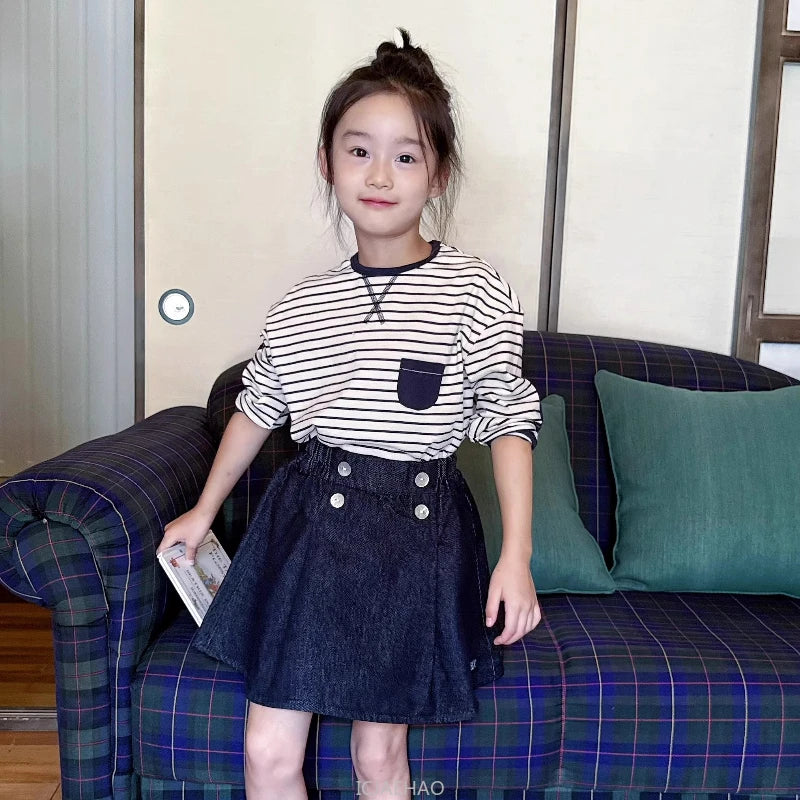 Teen Girl Clothes Children  Waist Shell Button Denim Skirt and Top Kids Versatile Casual Outfits Costumes Vintage Girls Elastic