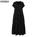 Plus Size VONDA Women Bohemian Dress 2025 Summer Sundress Solid Color Casual Short Sleeve Party Ruffled Vestidos V-Neck Robe