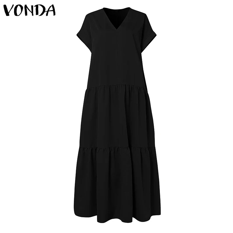 Plus Size VONDA Women Bohemian Dress 2025 Summer Sundress Solid Color Casual Short Sleeve Party Ruffled Vestidos V-Neck Robe