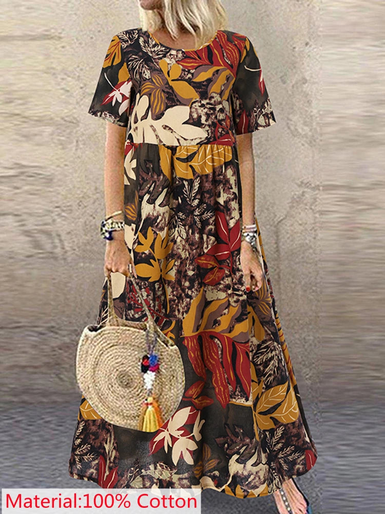 2025 ZANZEA Bohemian Holiday Sundress Summer Women Vintage Floral Printed Short Sleeve Beach Dress Loose Long Vestido Robe Femme
