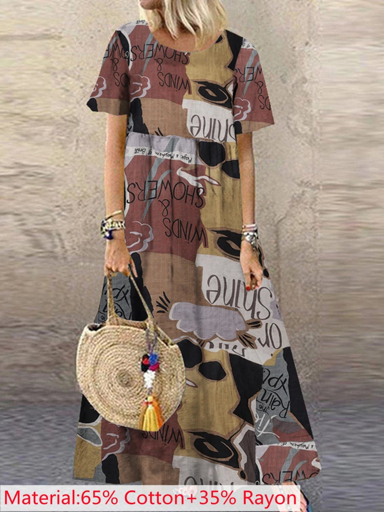 2025 ZANZEA Bohemian Holiday Sundress Summer Women Vintage Floral Printed Short Sleeve Beach Dress Loose Long Vestido Robe Femme