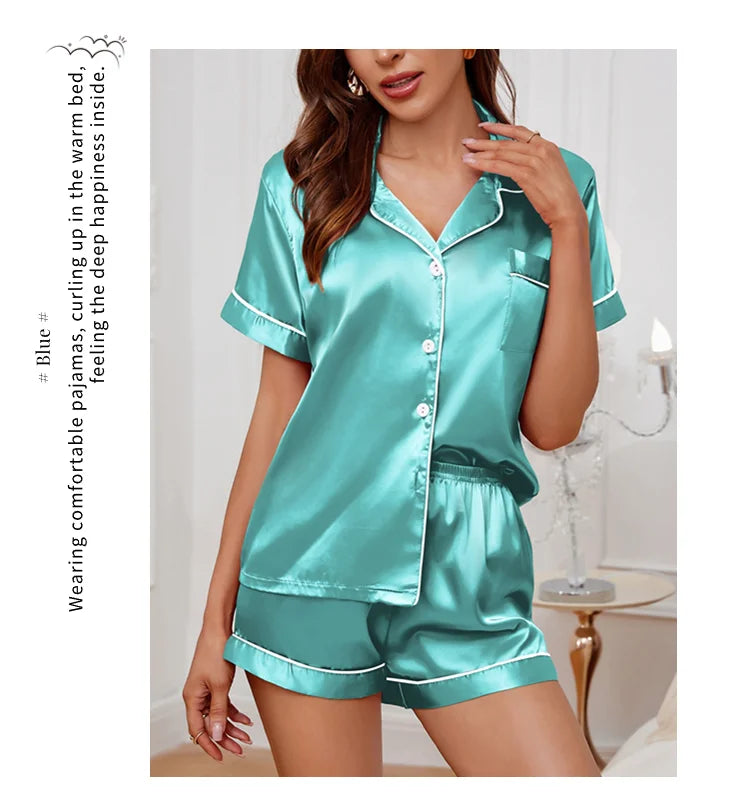 Elegant Satin Solid Pajamas Set Short Sleeve Lapel Buttons Top And Shorts Breathable Fabric Skin-Friendly Fit Women's Sleepwear