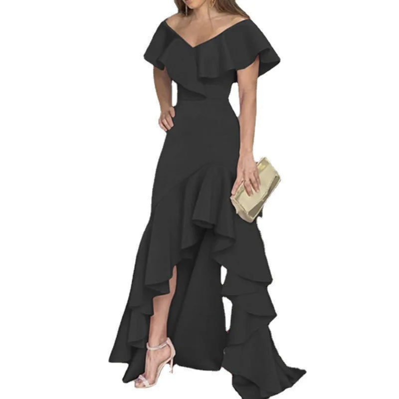New Sexy V Neck Ruffles Party Dress Femme Elegant Summer Fashion Solid Sleeveless Slim Irregular Maxi Dresses For Women Robe