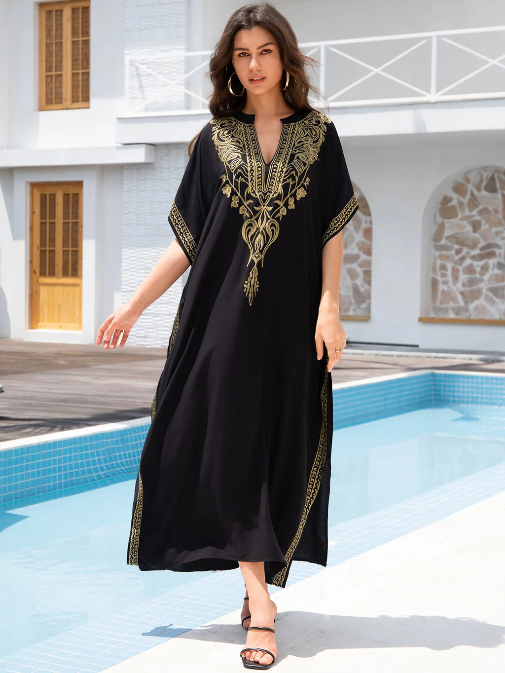 Boho Dress Women's Fashion Cotton Embroidered Beach Sun Protection Dresses For Women Loose Robe Bikini Swimsuit Outer Blouse