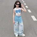 Teenage Girls Clothing Sets Hot Deals Bow Crop Top+Hole Wide Leg Jeans with Butterfly 2Pcs Fashion Gradient Child Clothes Suits