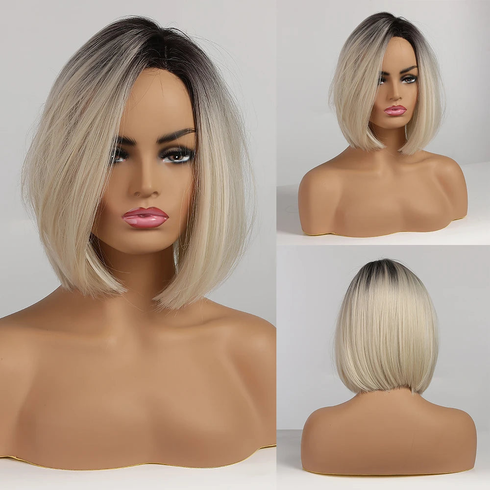 LOUIS FERRE Short Blonde Highlight Brown Bobo Wigs For Women Daily Cosplay Natural Straight Wig High Temperature Synthetic Wigs