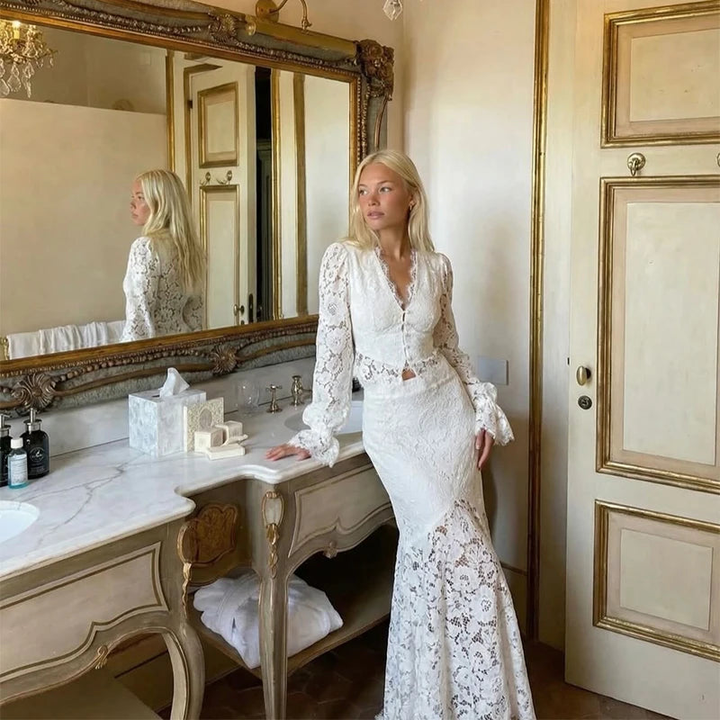 Elegant Solid Lace Ruffles Maxi Skirt Set Women Vintage Single Breasted Flared Sleeve V-neck Slim Blouse Suit Lady Party Outfits